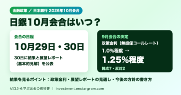 日銀10月会合はいつ？10月29・30日開催、30日に結果と展望レポート｜9月に政策金利1.25％程度へ利上げ、結果の見方