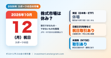 2026年10月12日（スポーツの日）の市場。東証の日本株・ETF・REITは休場、日経225先物などの大阪取引所の祝日取引は実施（8時45分から15時45分、17時から翌6時）、米国株（NYSE）は通常どおり取引予定