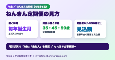 ねんきん定期便は毎年誕生月に届き、35歳・45歳・59歳は全期間の記録の封書。年金を受け取っていない50歳以上のハガキは老齢年金の種類と見込額を表示。月別状況で未納・未加入を確認
