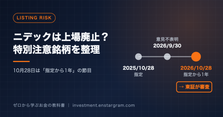 ニデックは上場廃止？特別注意銘柄を整理、10月28日は指定から1年の節目と書かれたアイキャッチ画像