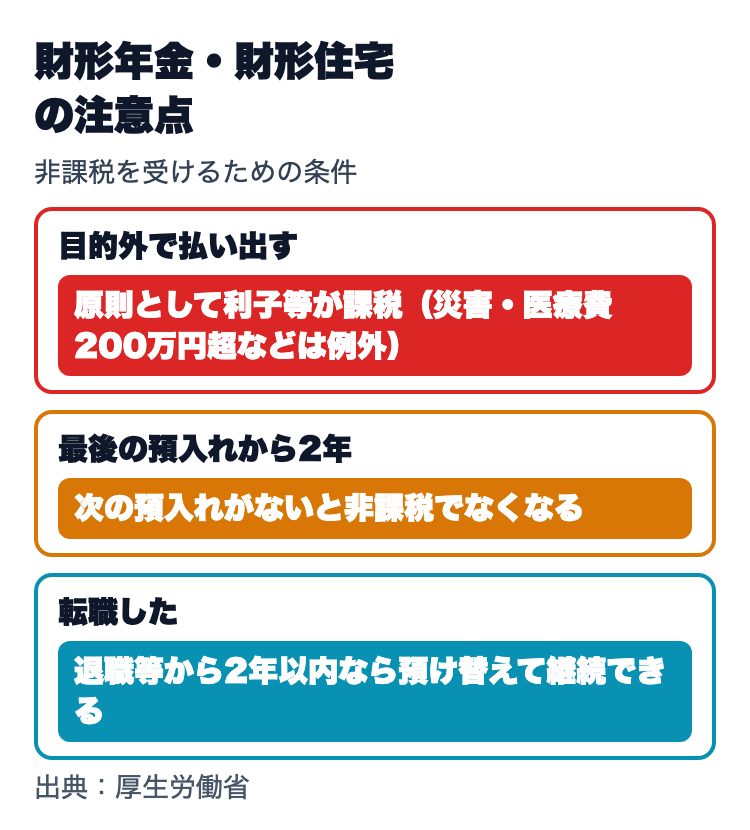 財形年金・財形住宅の注意点。目的外の払出しは原則課税、最後の預入れから2年で非課税でなくなる、転職後も2年以内なら預け替えて継続できる